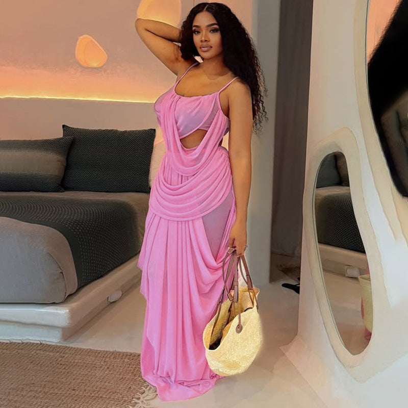 Mesh splicing perspective suspender top dress set