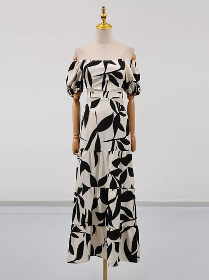 Off-Shoulder Cutout Leaf Print Dress