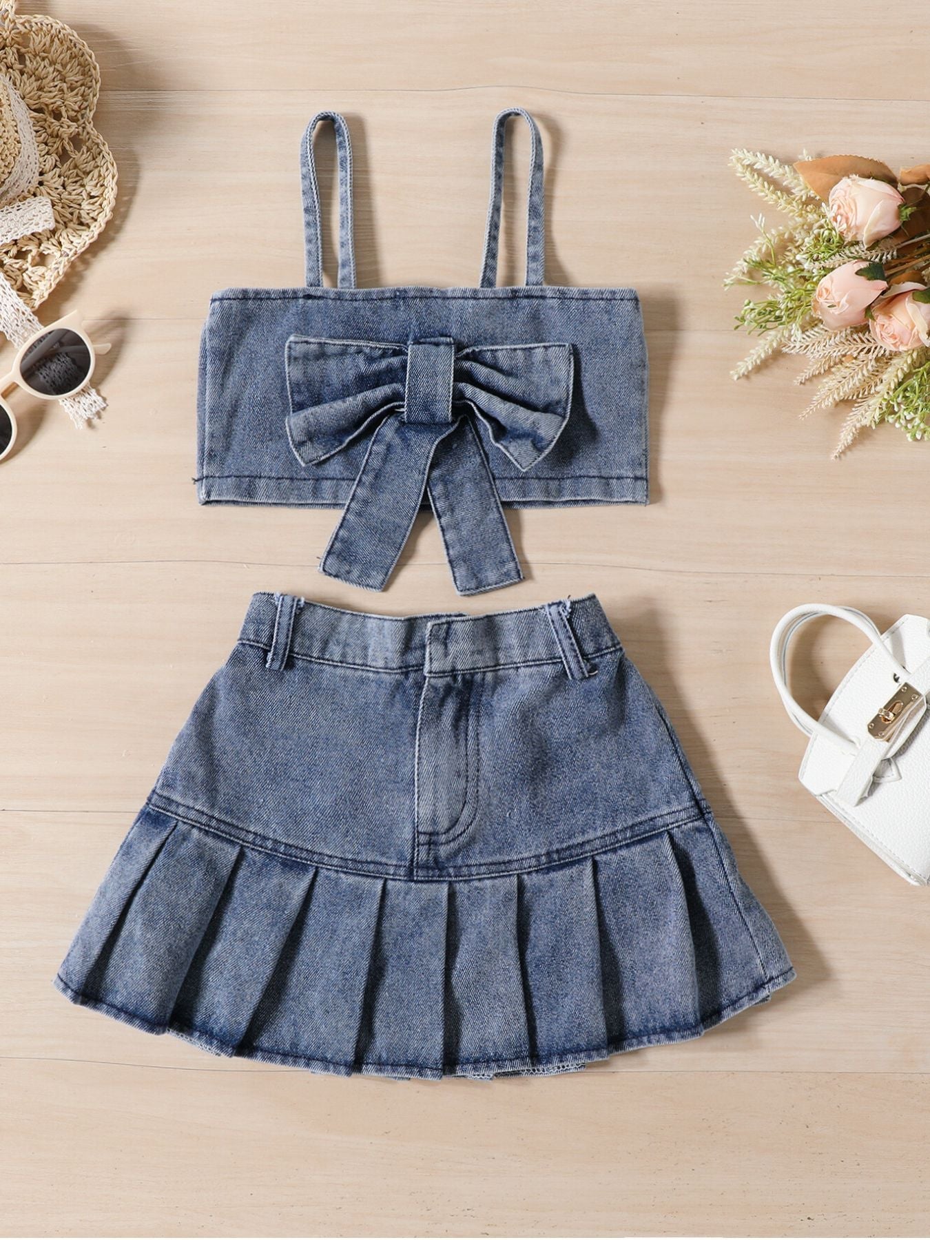 Children's Denim Bowknot Crop Top and Pleated Skirt Set