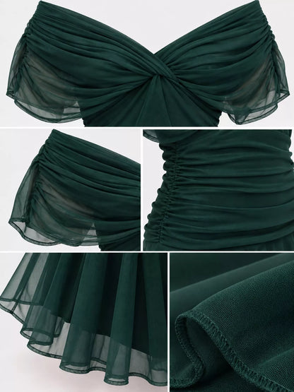 Off-shoulder ruched tulle dress, view 24