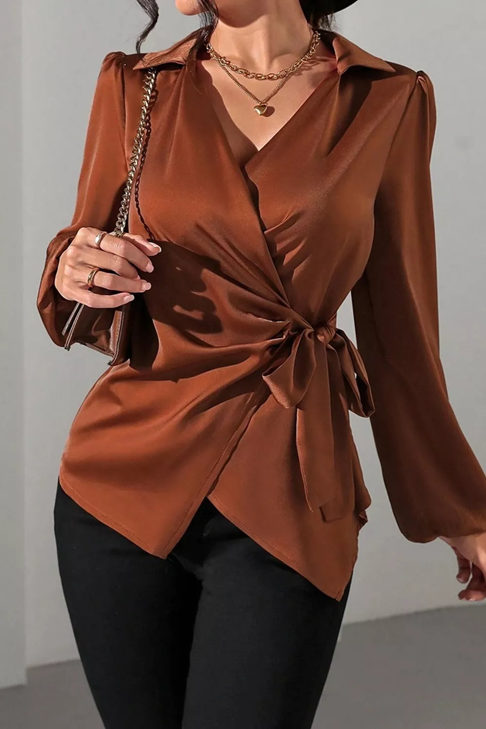 Satin Tied Detail Long Sleeve Blouse