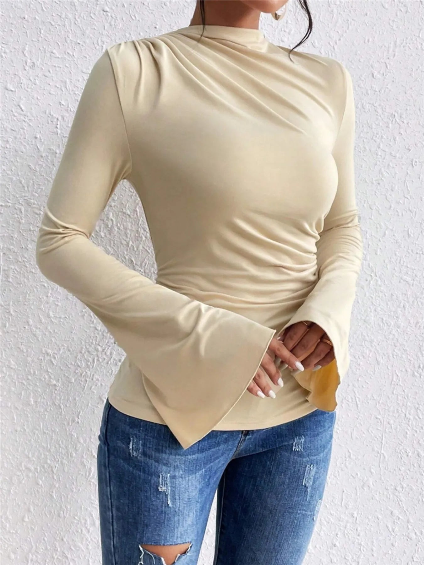 Bell Sleeve Ruched Fitted T-Shirt