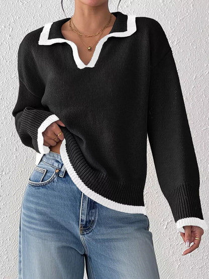 Contrast Trim Polo Collar Sweater