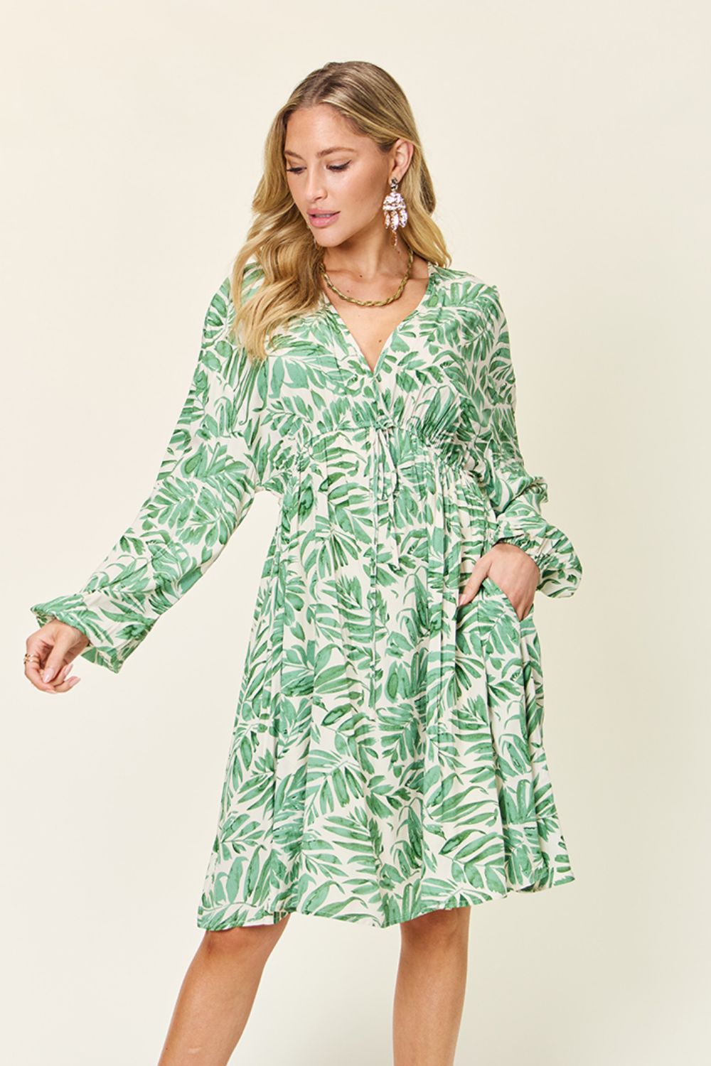 Printed Ruched Balloon Sleeve Dress - MONLANE