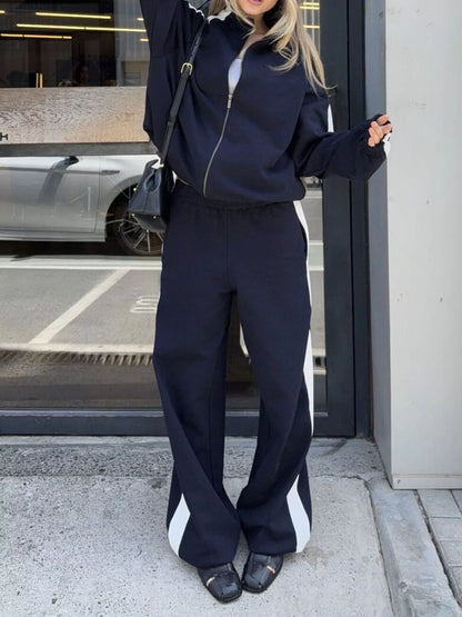 Contrast Side Stripe Zip Up Top and Pants Set