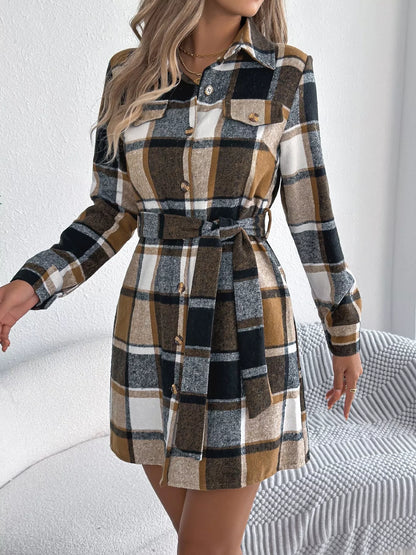 Plaid Button Front Tie Waist Shirt Dress