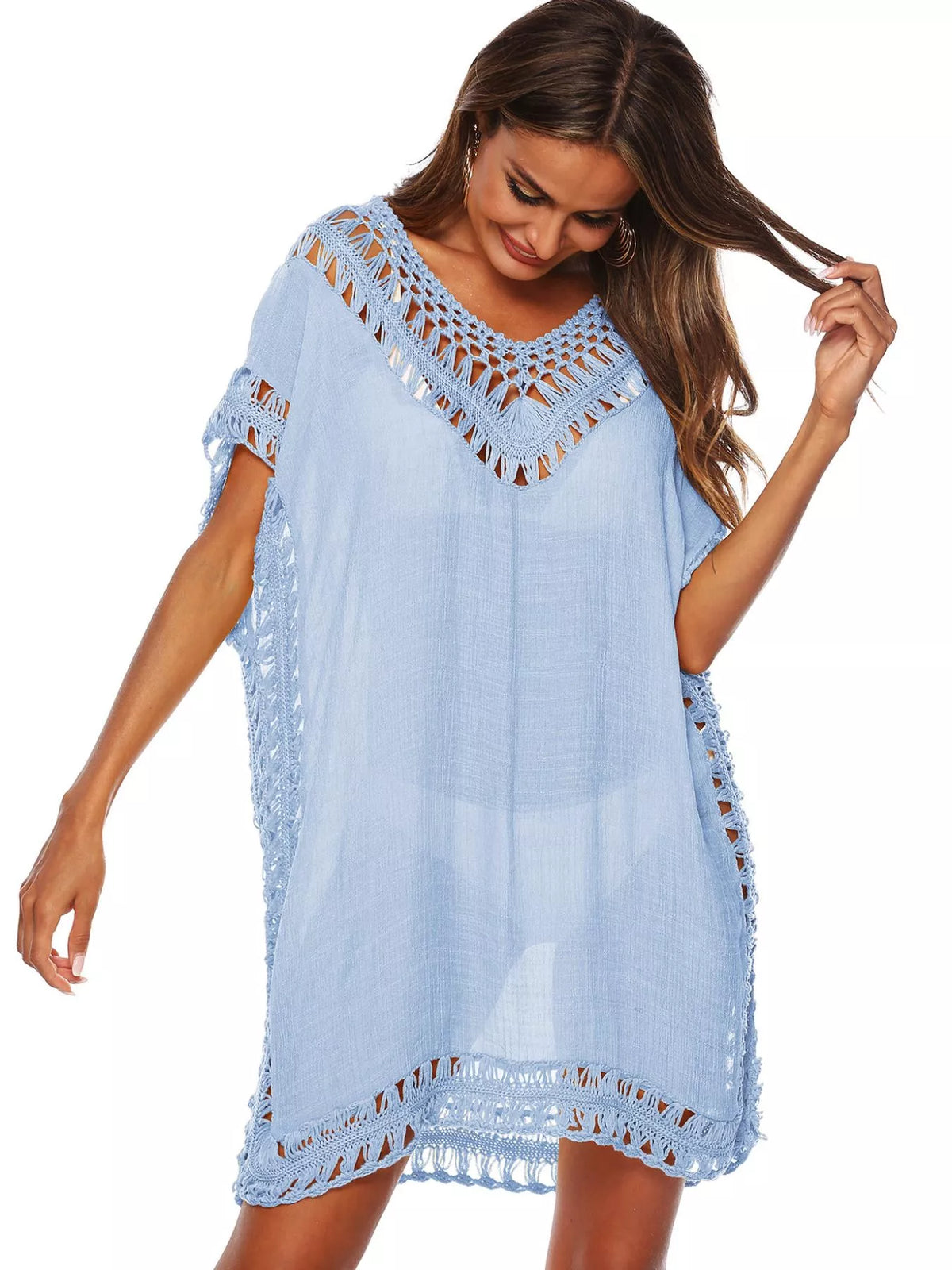 V-neck crochet cover-up dress in Sky Blue