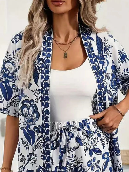 Printed Cardigan and Shorts Set