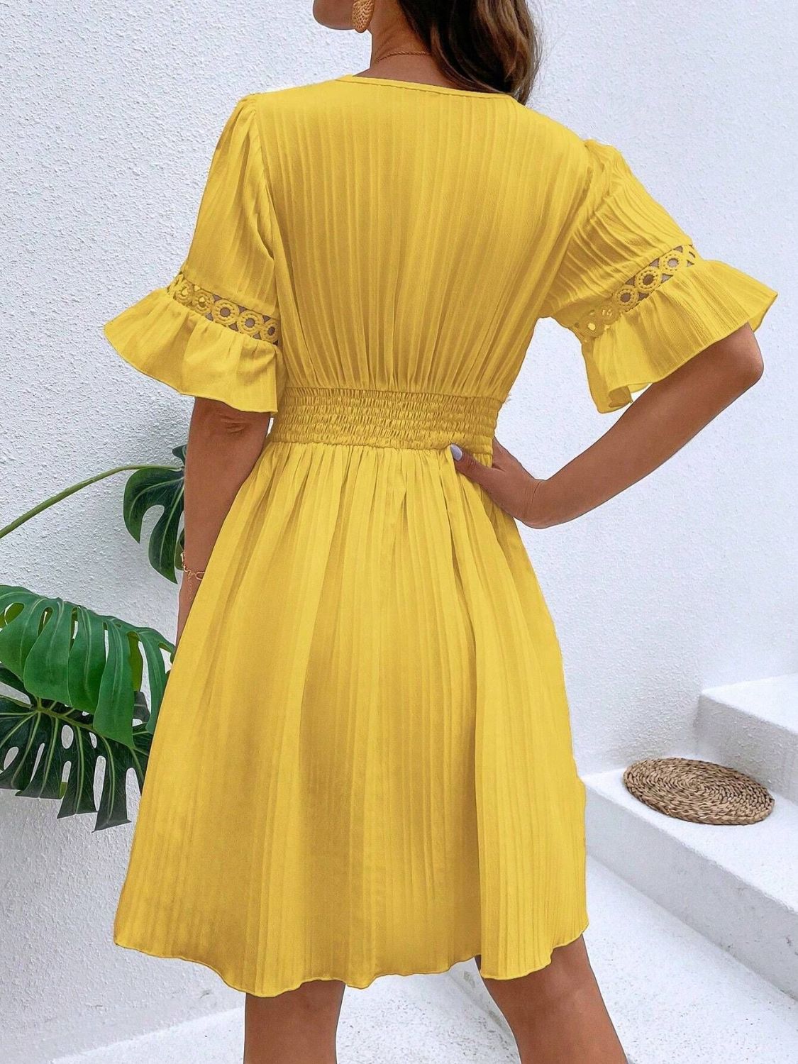 V-Neck Flounce Sleeve Mini Dress