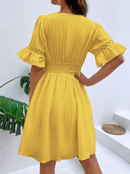V-Neck Flounce Sleeve Mini Dress