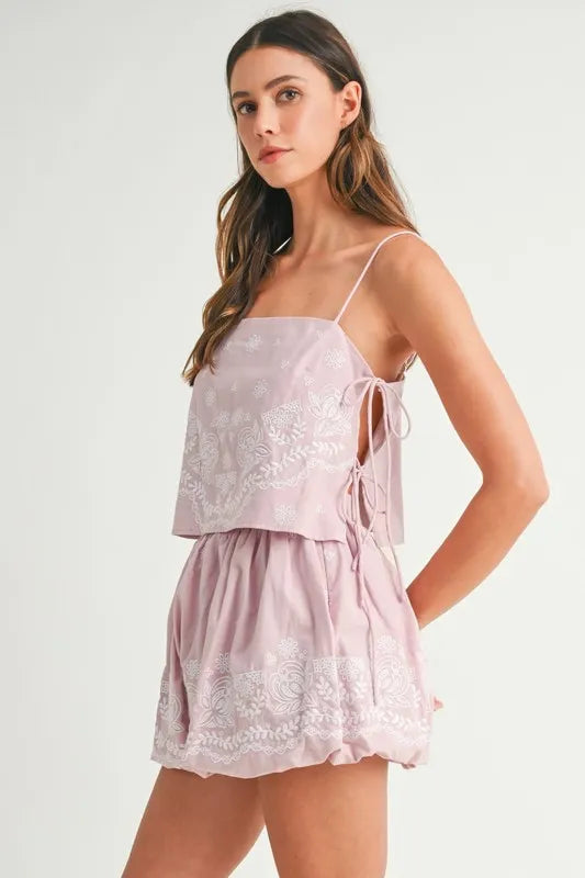 Embroidered Crop Cami Mini Skirt Set
