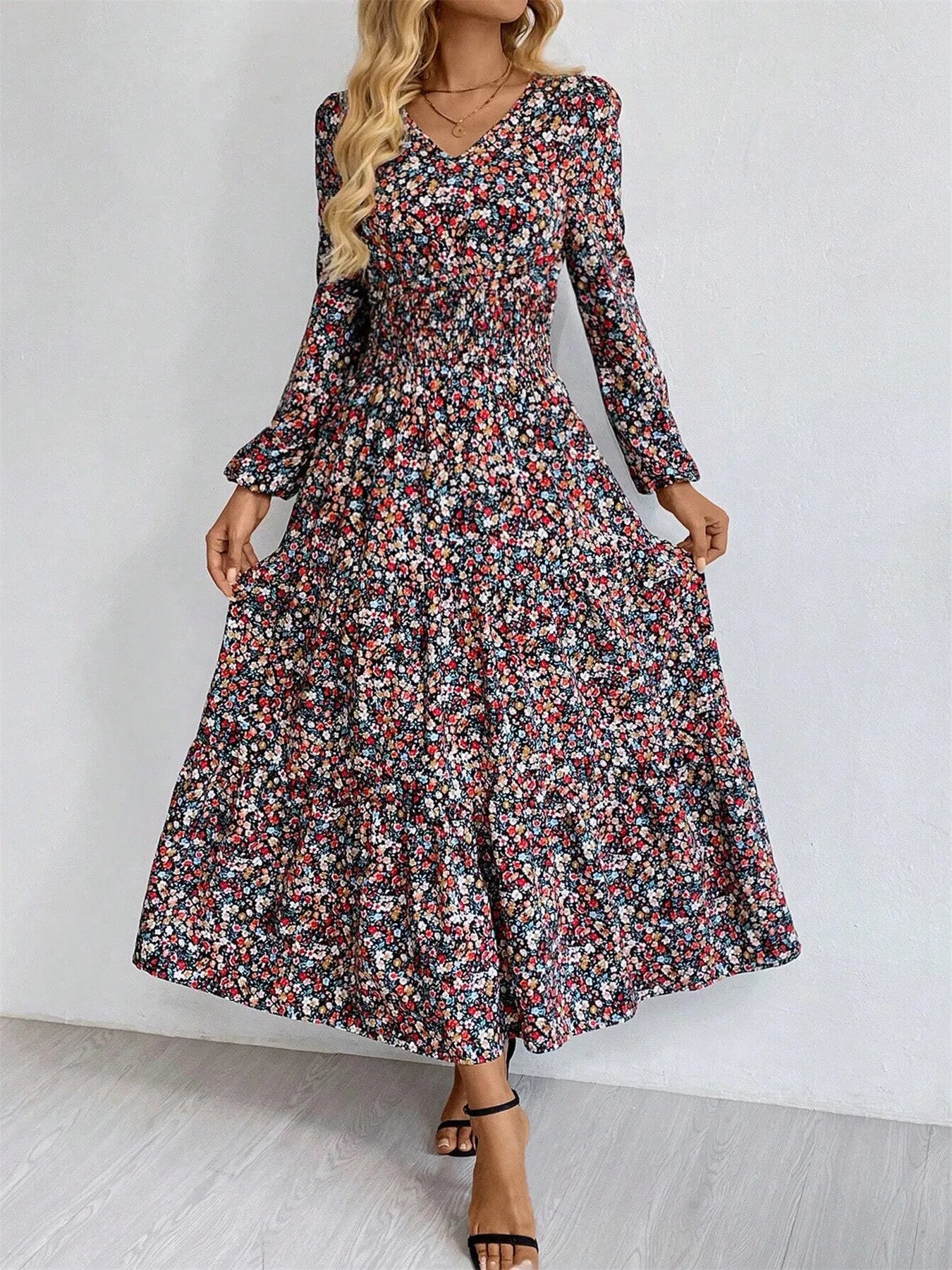 Printed V-Neck Long Sleeve Dress