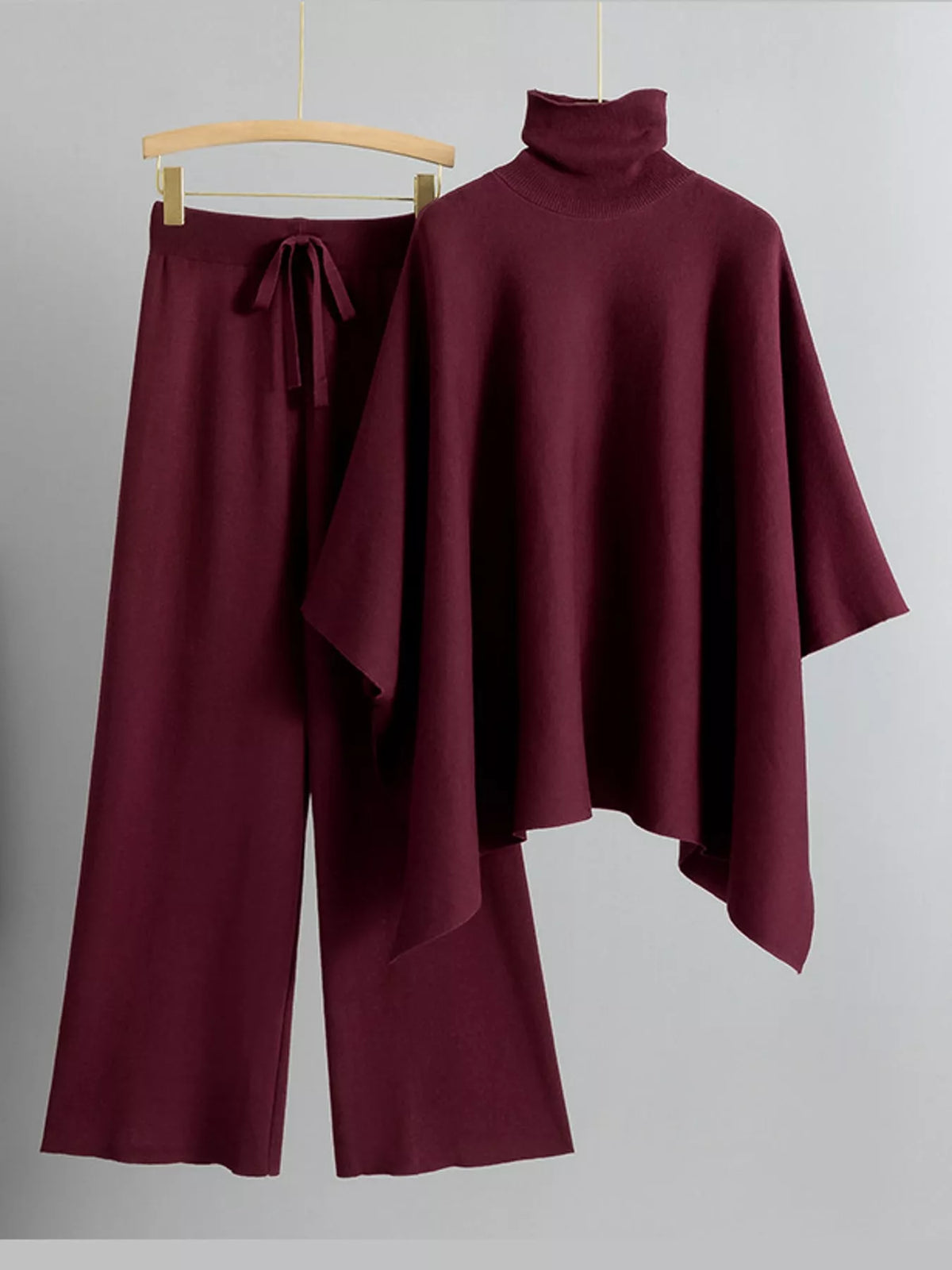 Turtleneck poncho sweater and pants set, view 5