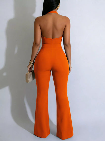 Halter Neck Cut-Out Flare Jumpsuit with Button Detail