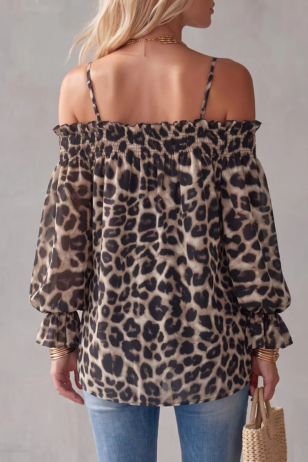 Spaghetti Strap Leopard Long Sleeve Blouse