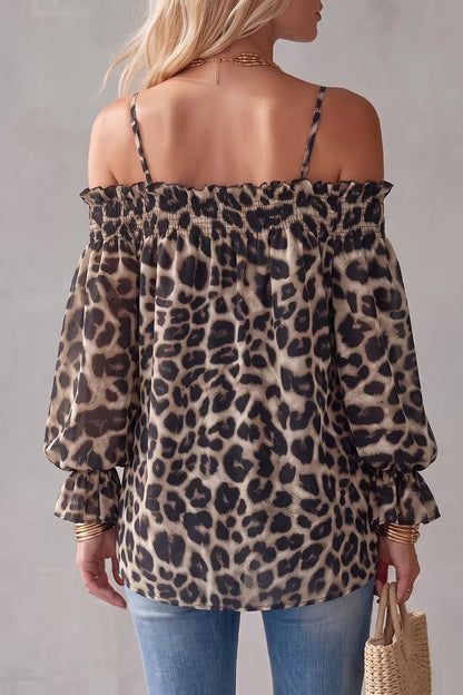 Spaghetti Strap Leopard Long Sleeve Blouse