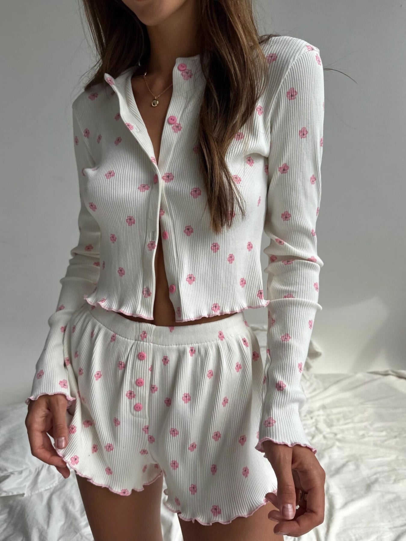 Floral Print Ribbed Knit Top and Shorts Lounge Set