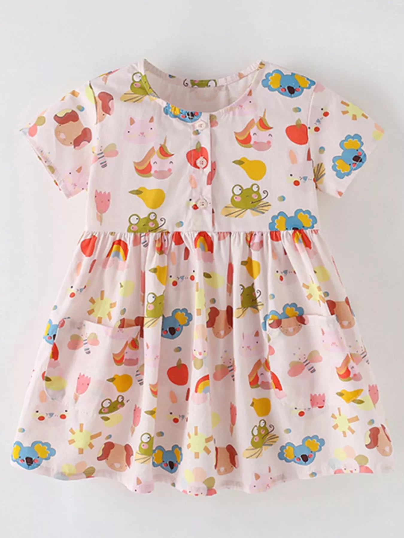 Children's Cartoon Print Button-Front Dress with Pockets