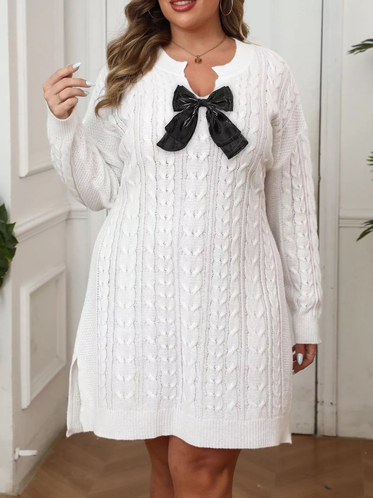 Plus Size Cable Knit Sweater Dress with Contrast Bow Detail