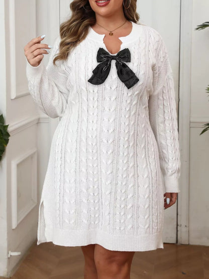 Plus Size Cable Knit Sweater Dress with Contrast Bow Detail