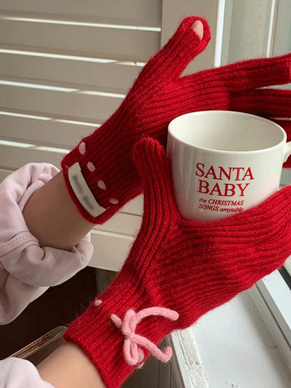 Knitted Gloves with Bow Accent