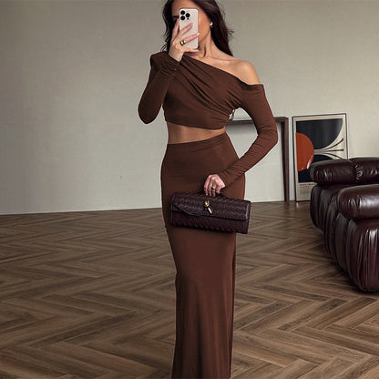 Off shoulder long sleeved top and skirt set