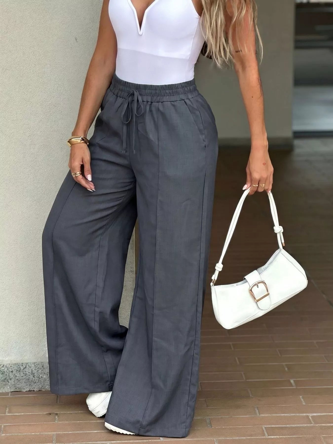 High-Waisted Wide-Leg Drawstring Pants