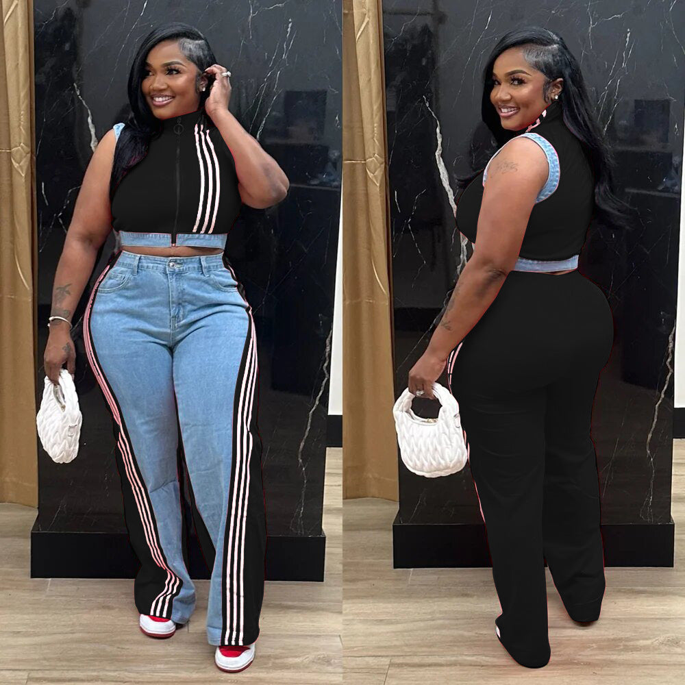 Loose Woven Denim Pants Set