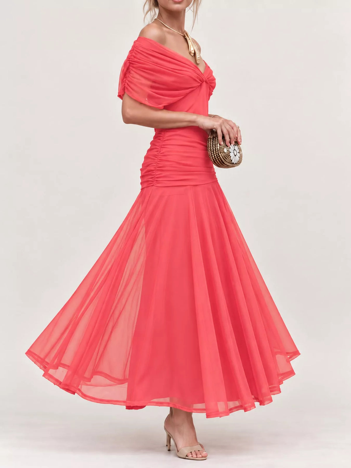 Off-shoulder ruched tulle dress, view 11