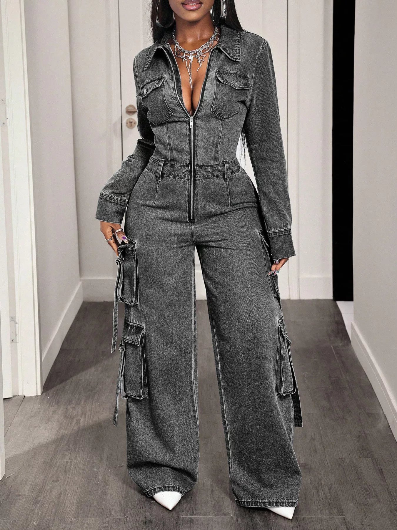 Zip Front Wide Leg Cargo Denim Jumpsuit