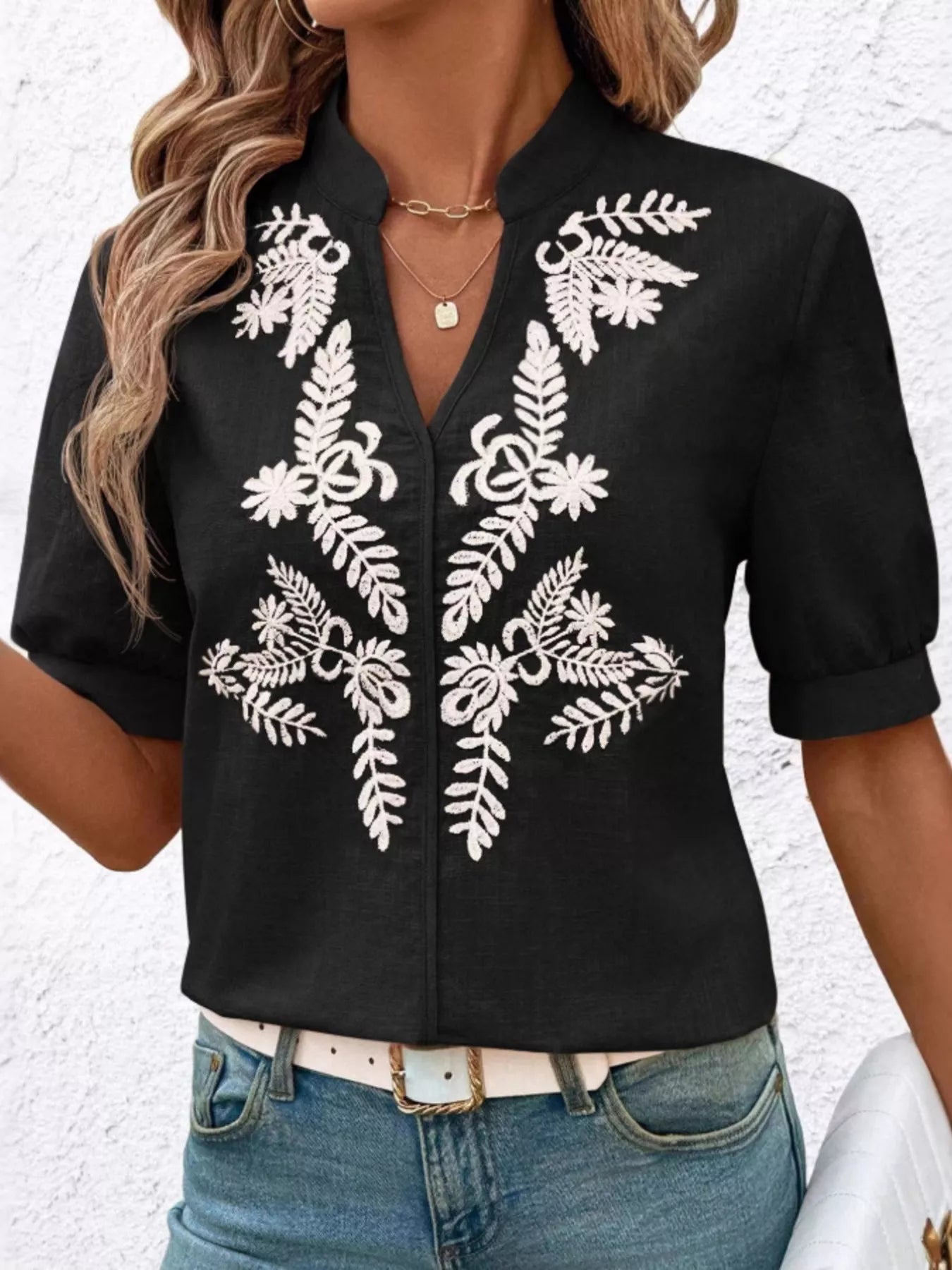 Embroidered Notched Short Sleeve Blouse