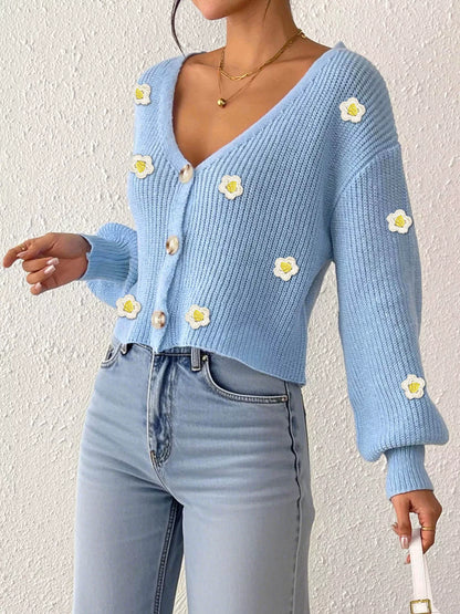 Floral V-Neck Button-Down Cropped Cardigan