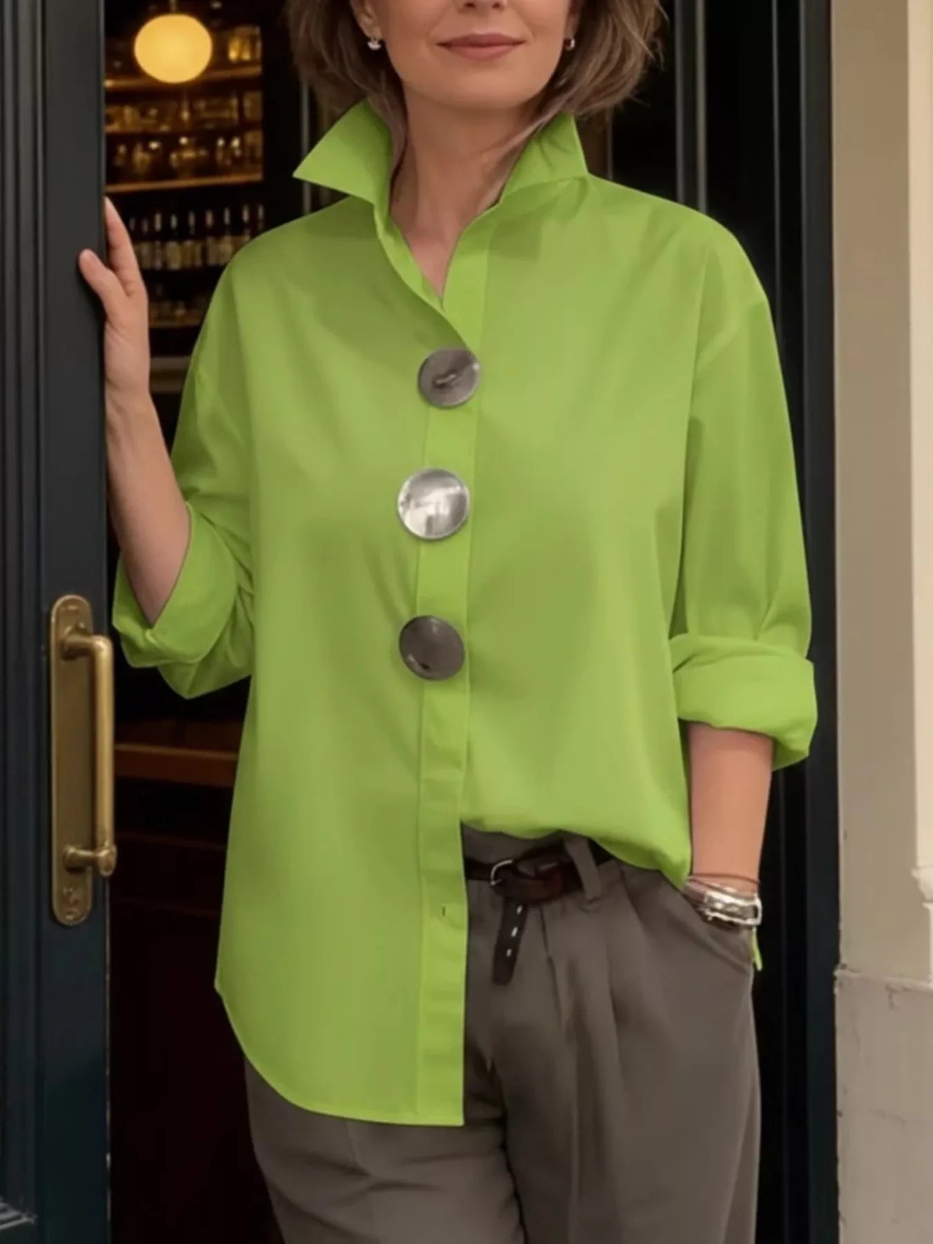 Full Size Oversized Metal Button Long Sleeve Shirt Plus Size