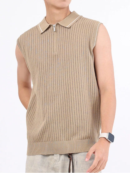 Men's Plus Size Knitted Polo Collar Zip-Up Sleeveless Top