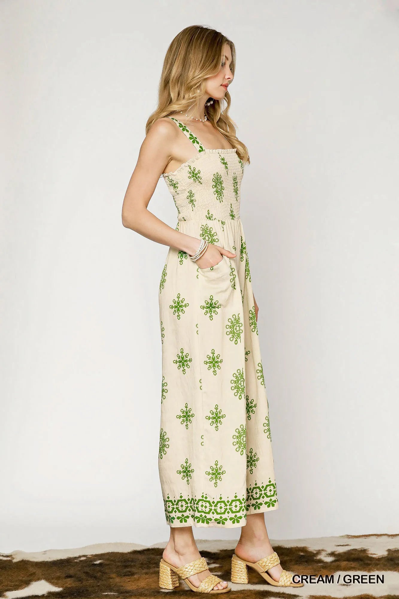 Smocked Printed Wide Leg Jumpsuit