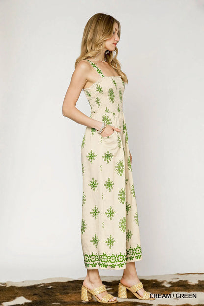 Smocked Printed Wide Leg Jumpsuit