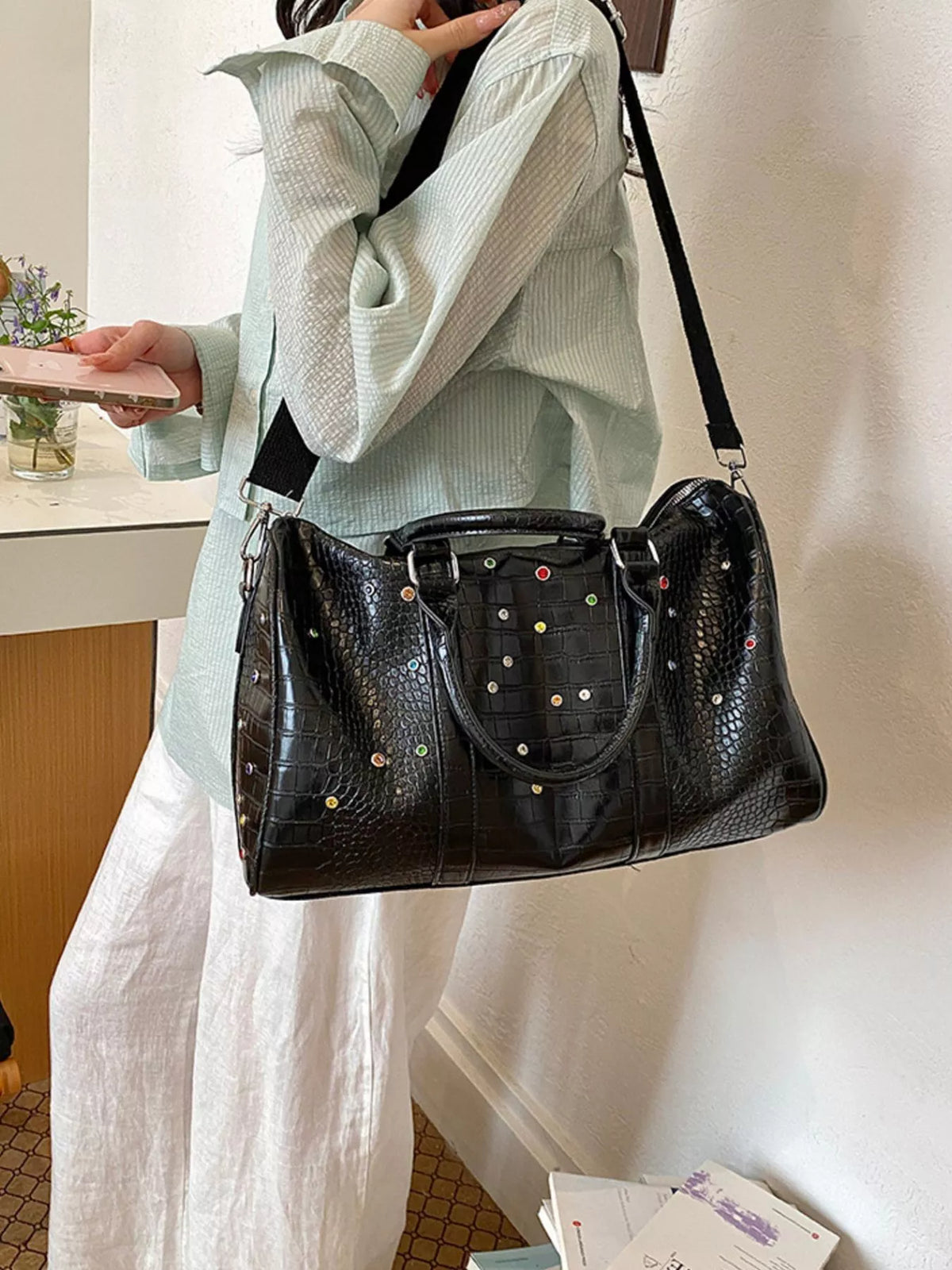 Croc-embossed weekender bag in black