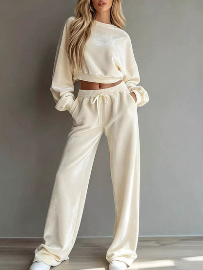 Plus Size Cropped Sweatshirt & Wide-Leg Pants Set