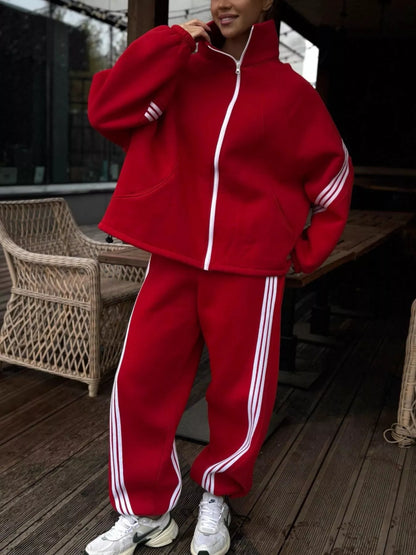 Contrast Striped Zip Up Top and Pants Set