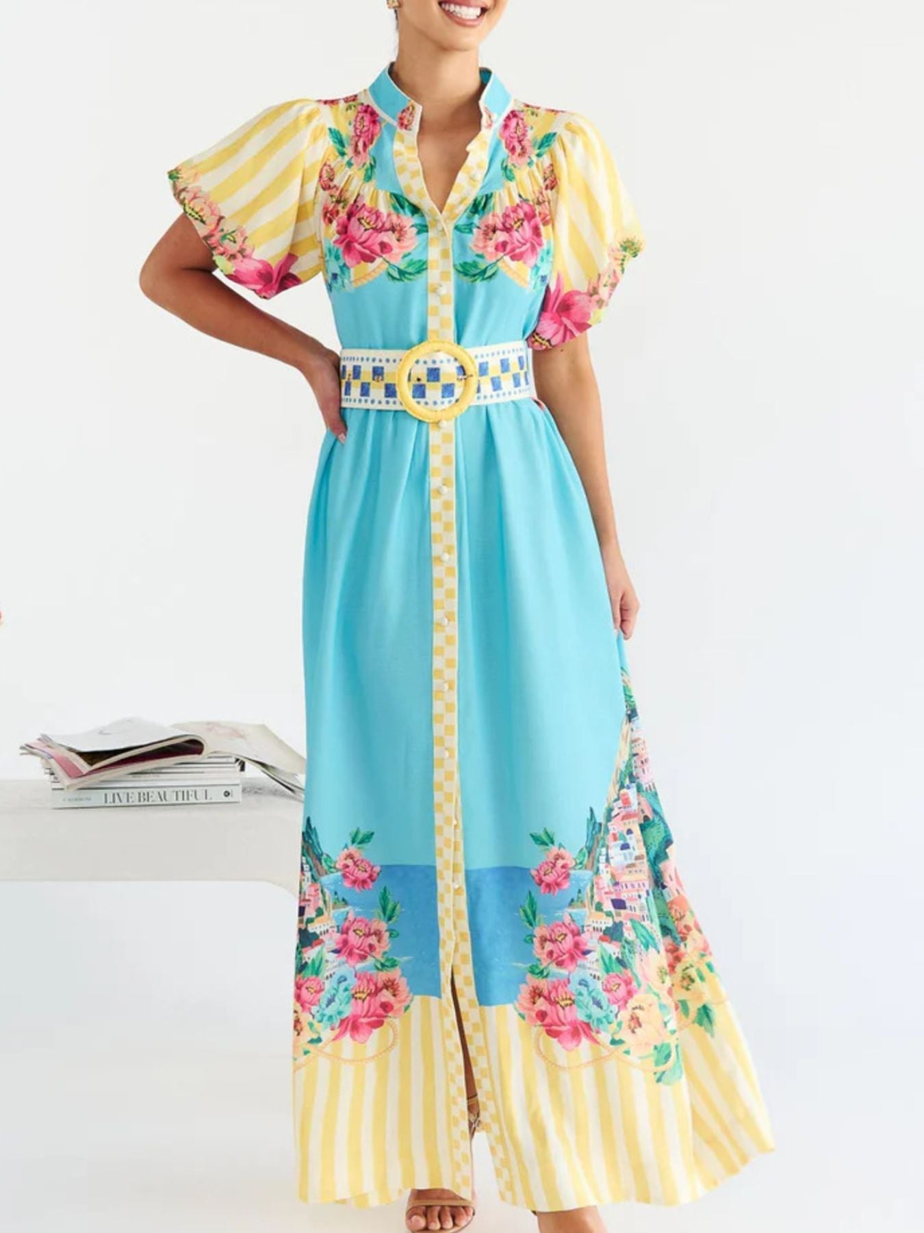 Printed Button Front Puff Sleeve Dress
