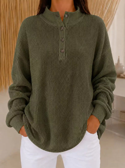 Full Size Waffle Knit Button Detail Sweatshirt Plus Size