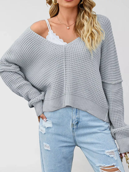 Waffle Knit Dropped Shoulder Sweater
