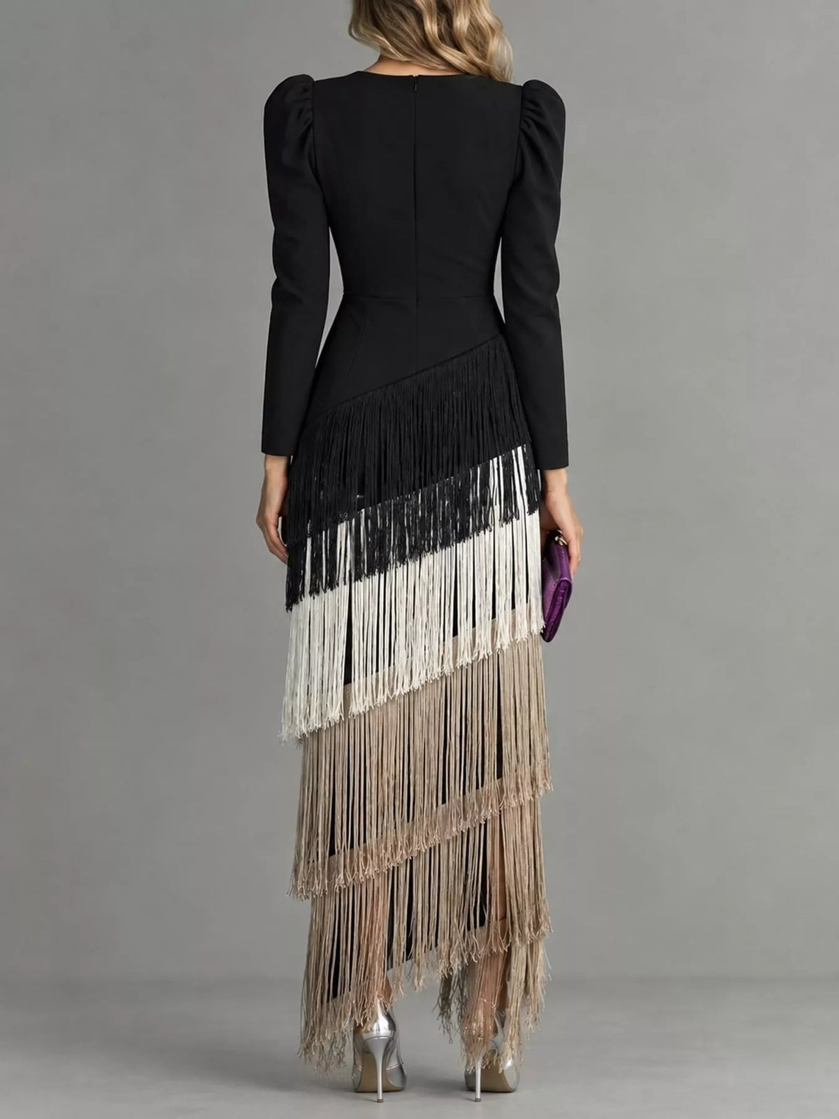 Fringed V-neck puff sleeve dress, view 30