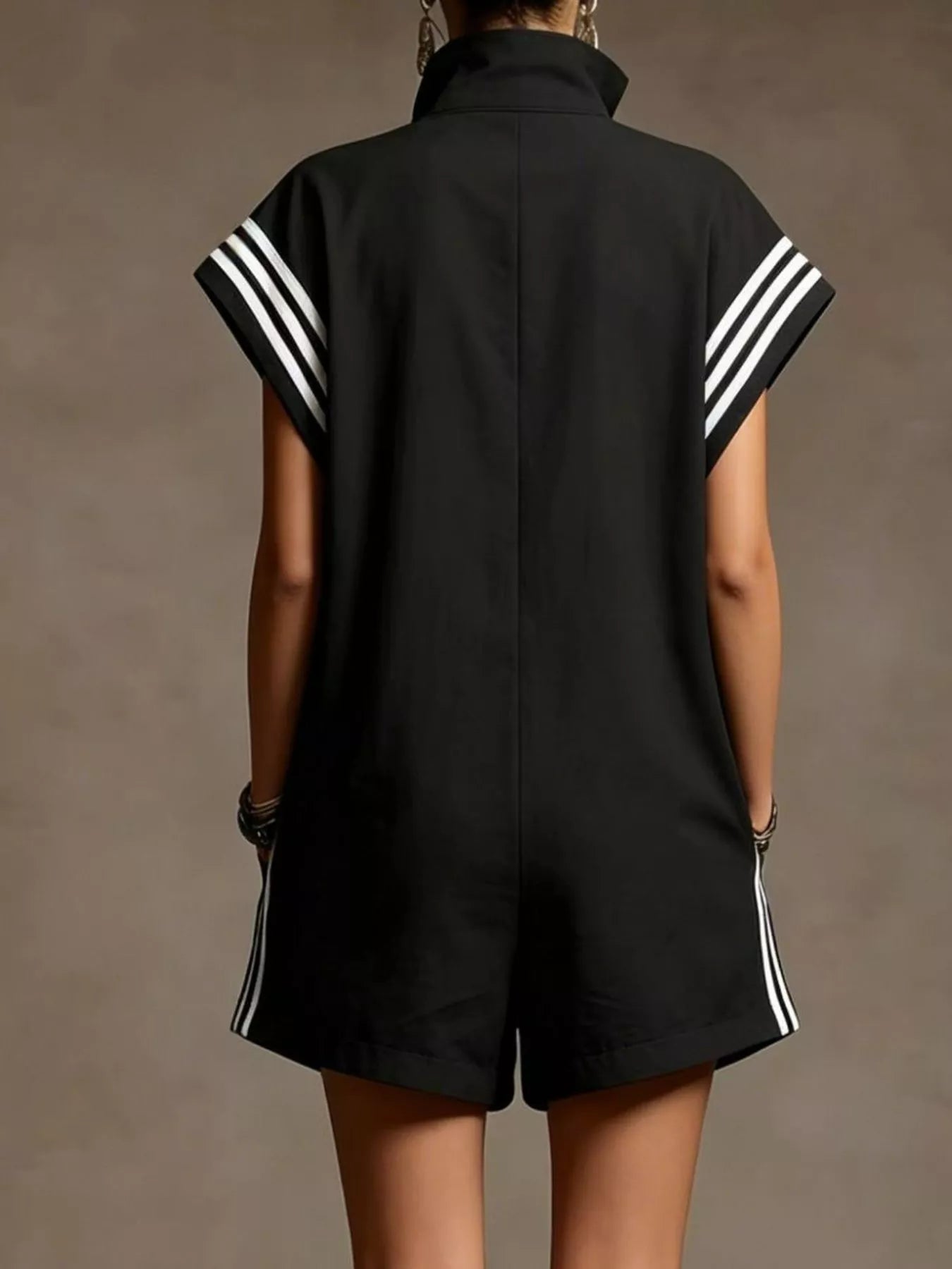 Striped Zip Front Short Sleeve Romper