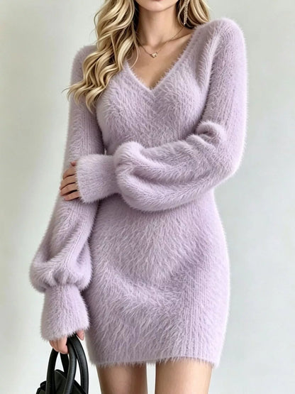 V-Neck Fuzzy Knit Sweater Dress