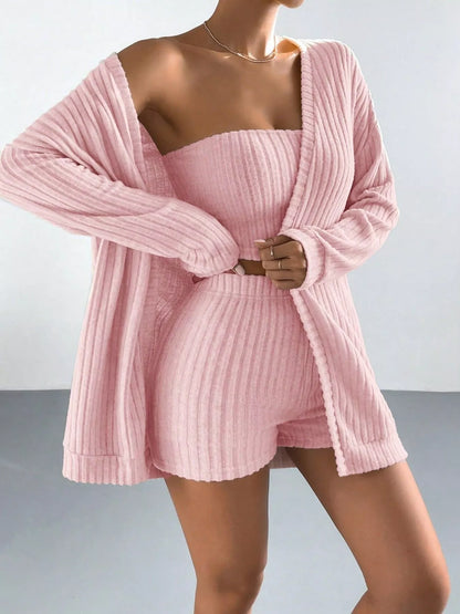 3-Piece Ribbed Knit Cardigan & Tube Top and Shorts Set