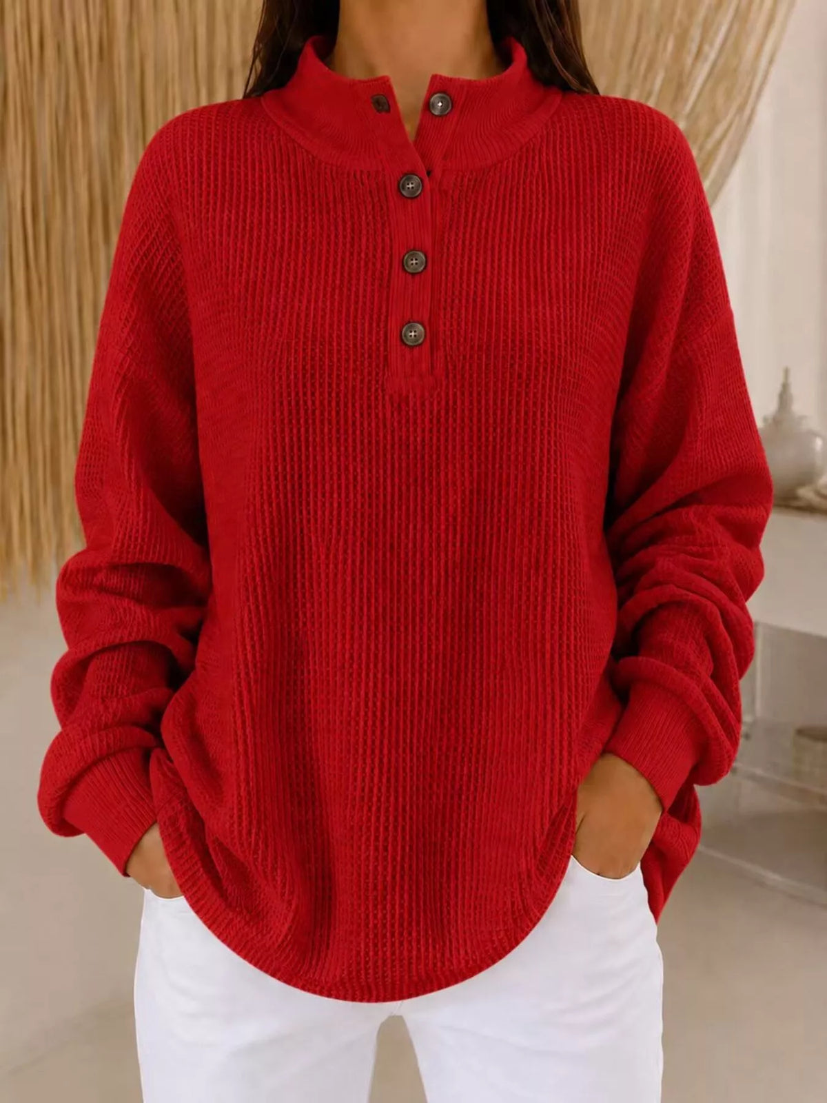 Full Size Waffle Knit Button Detail Sweatshirt Plus Size