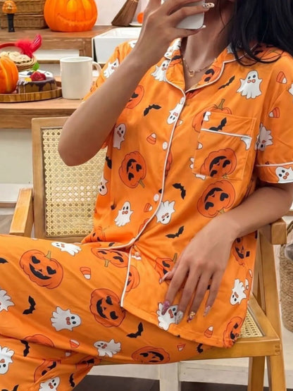 Halloween Pumpkin Print Button-Down Top and Pants Set