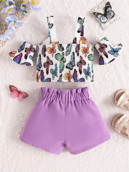 Children's Butterfly Print Bowknot Crop Top & Ruffle Shorts Set