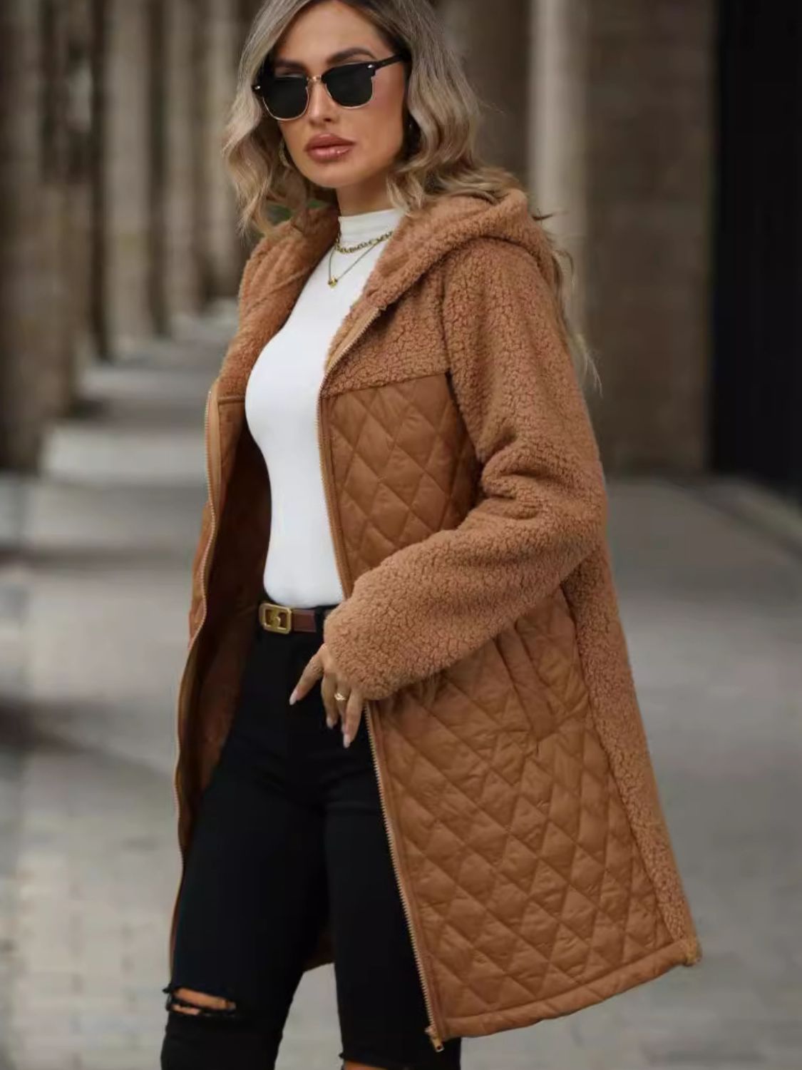 Textured Long Sleeve Hooded Coat